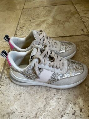 ShuShop Beige Snake-Print Sneakers with Pink Heel Tab